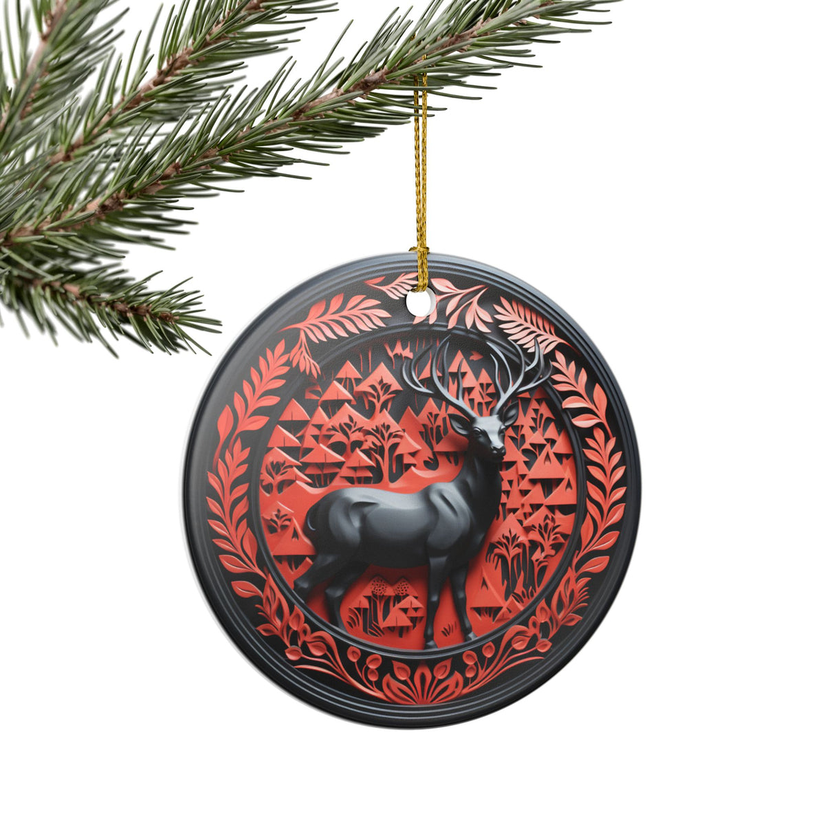 Ceramic Reindeer Forest Ornament – Rustic Christmas Tree Decoration   Item #76427