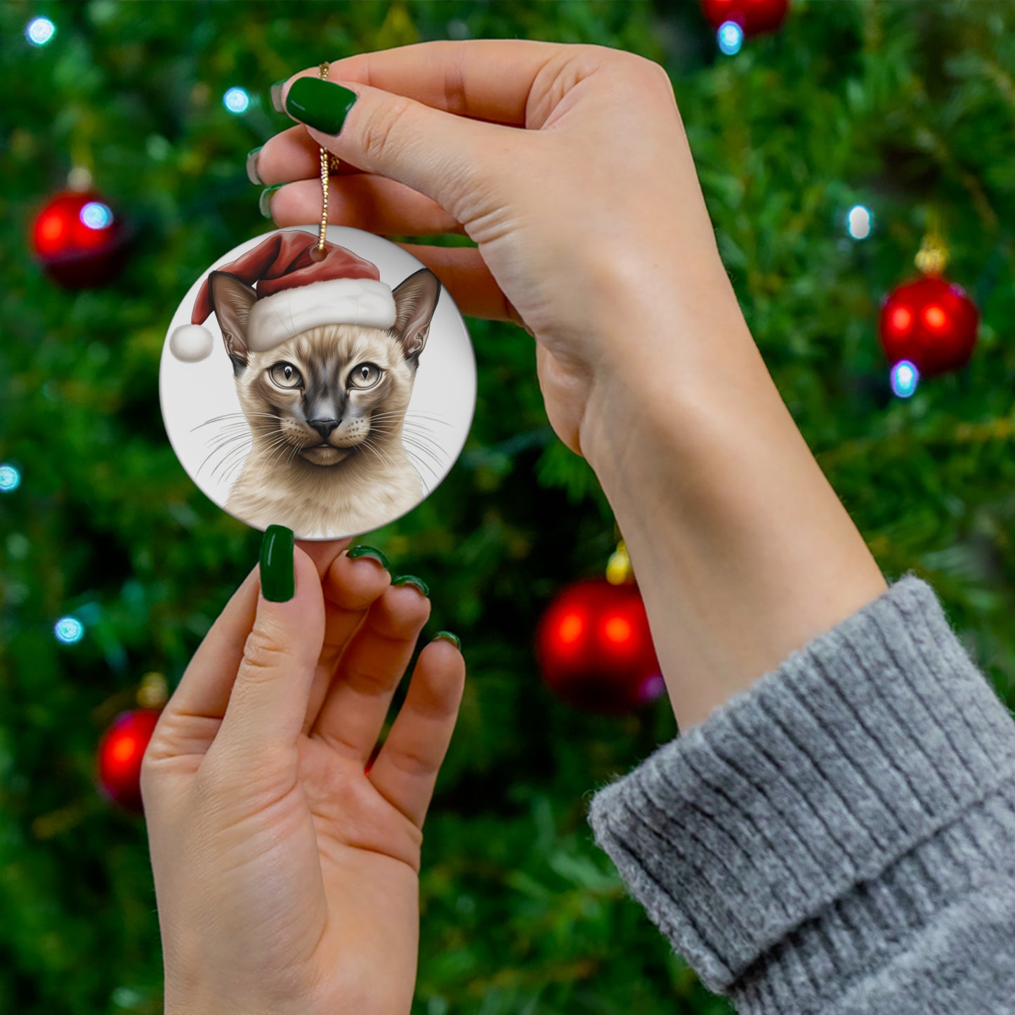 Ceramic Ornament - Tonkinese Cat With Santa Hat      Item #3054213