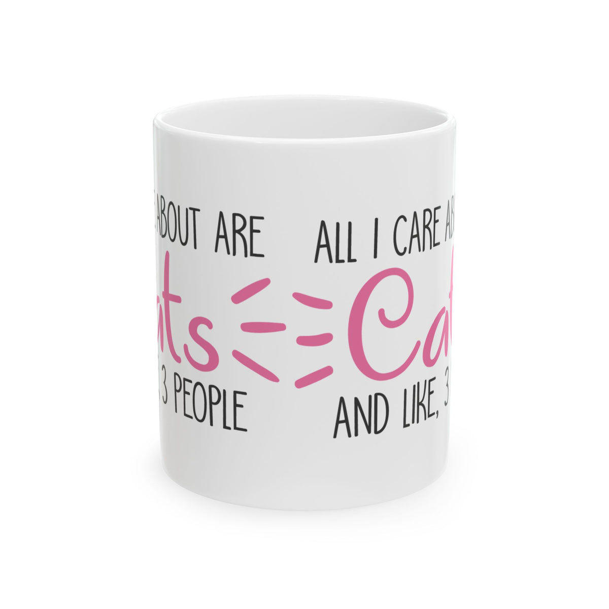 Ceramic Mug — "All I Care About Are Cats and Like 3 People" Funny Cat Lover Coffee Cup 11oz    Item #276686
