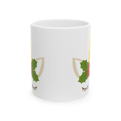 Christmas Unicorn Mug — Cute Holiday Unicorn with Holly Design 11oz    Item #516004