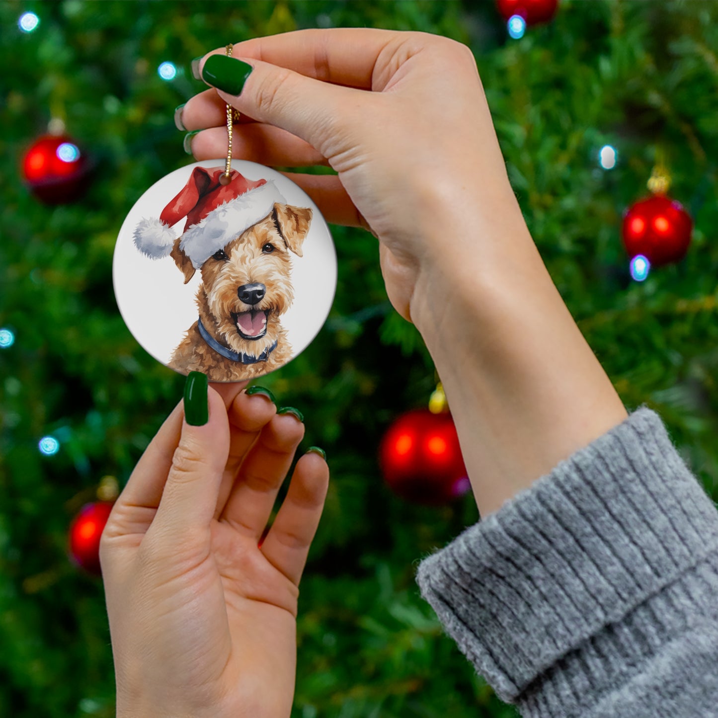 Ceramic Ornament - Lakeland Terrier Dog With Santa Hat      Item #2248072