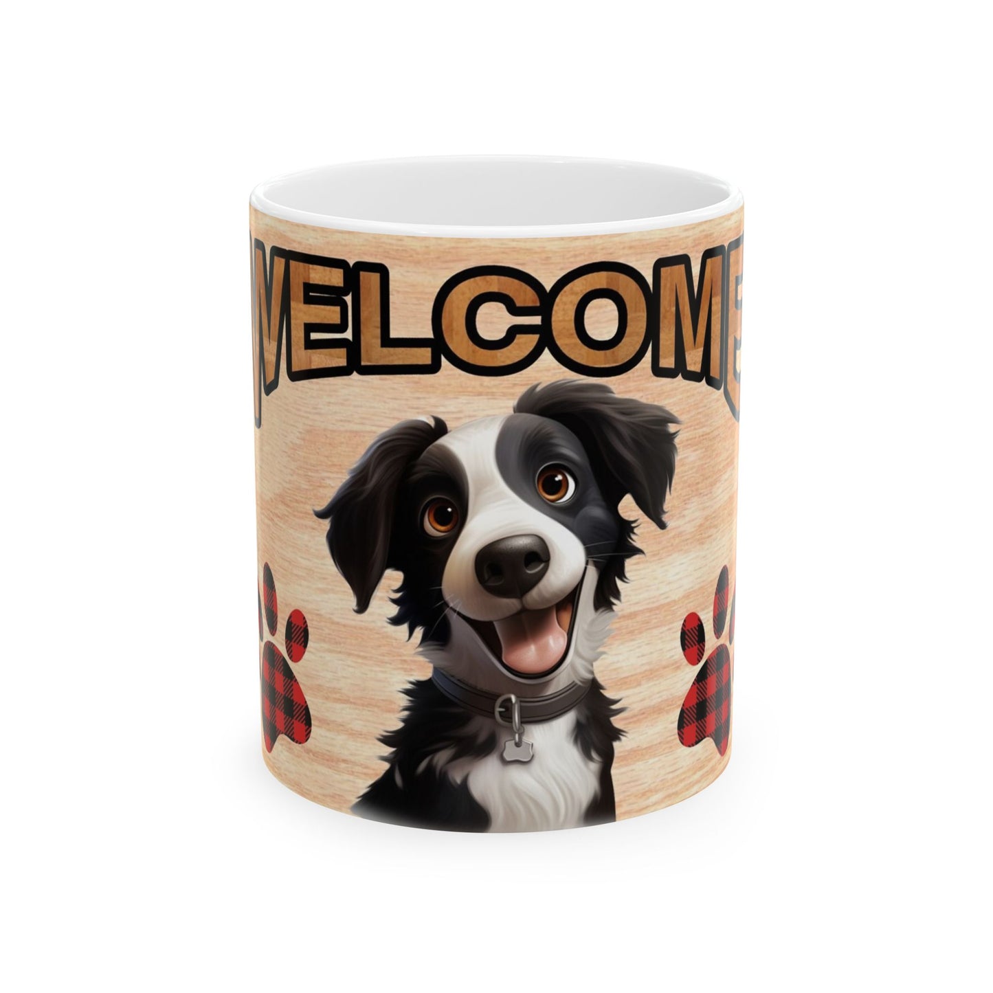 Welcome Dog Illustration Ceramic Mug – Cute Paw Print Coffee Cup 11oz    Item #740639