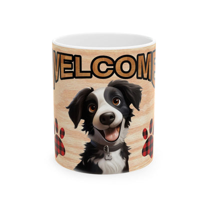 Welcome Dog Illustration Ceramic Mug – Cute Paw Print Coffee Cup 11oz    Item #740639