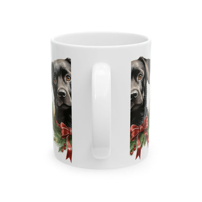 Black Lab Christmas Mug — Holiday Dog Wreath Ceramic Coffee Cup 11oz   Item #741427