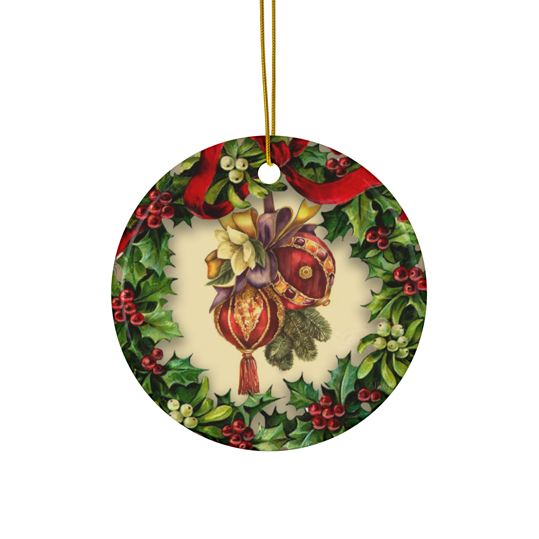 Wreath With Ornaments Ceramic Disc Ornament       Item #9663332 - Buckshot's Bargain Barn