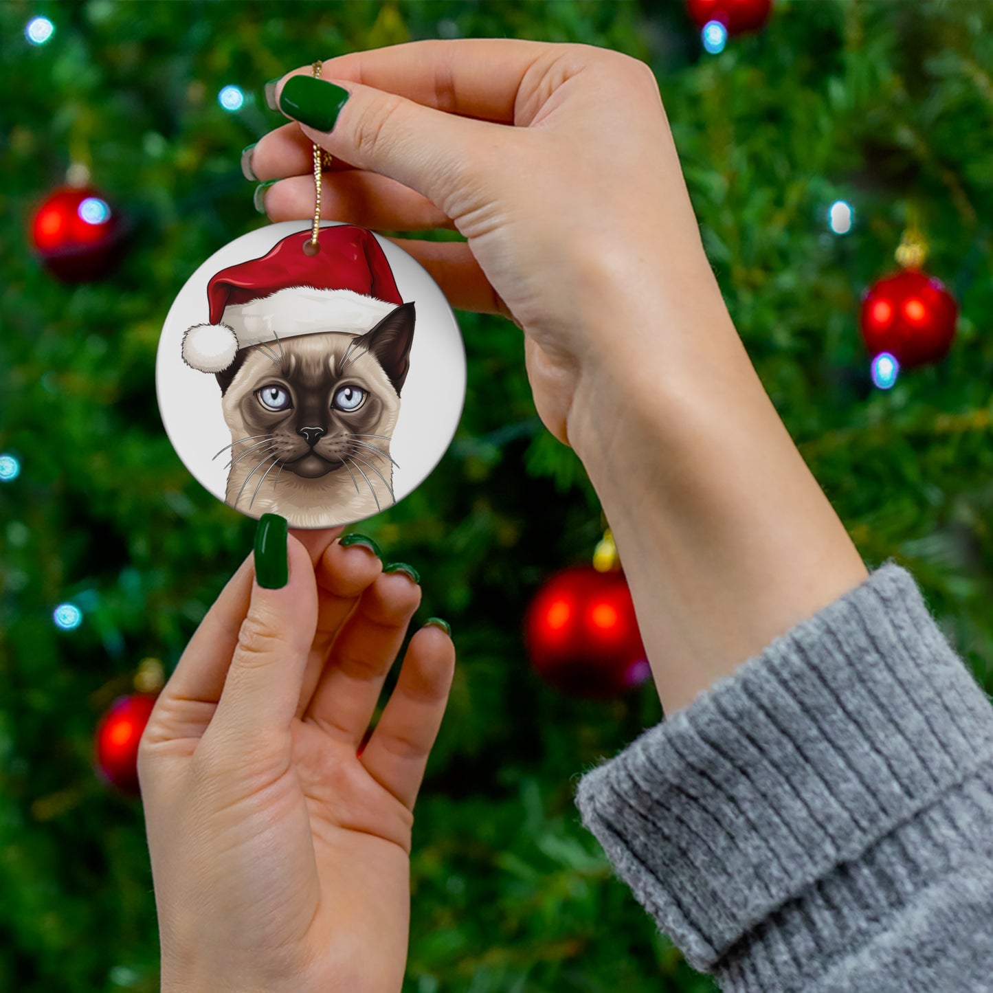 Ceramic Ornament - Tonkinese Cat With Santa Hat      Item #105753