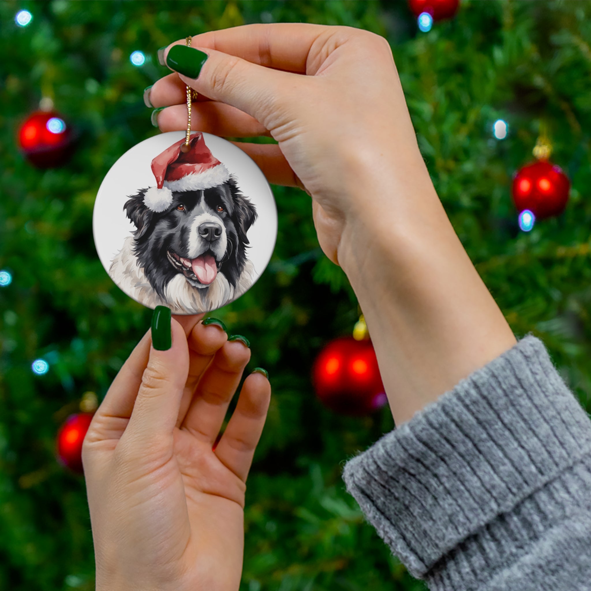 Newfoundland Dog With Santa Hat Ceramic Disc Ornament        Item #1759503