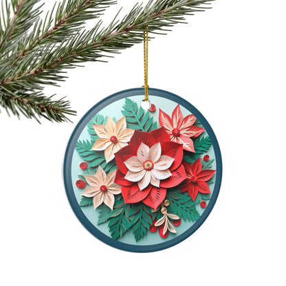 Ceramic Christmas Ornament with Colorful Poinsettia Floral Design   Item #610797