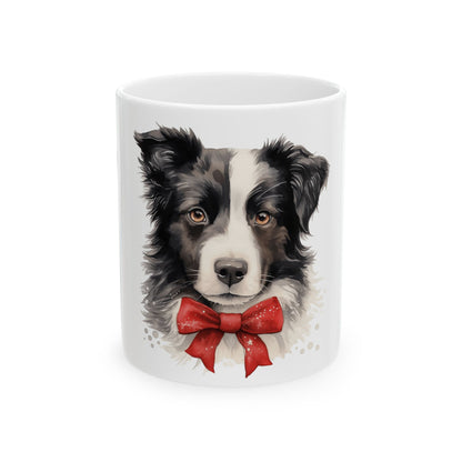 Border Collie Mug with Red Bow — Cute Dog Christmas Coffee Cup 11oz  Item #522897