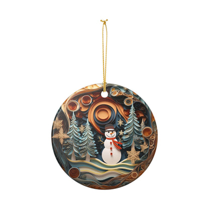 Ceramic Christmas Ornament with Snowman and Winter Forest Design   Item #441402