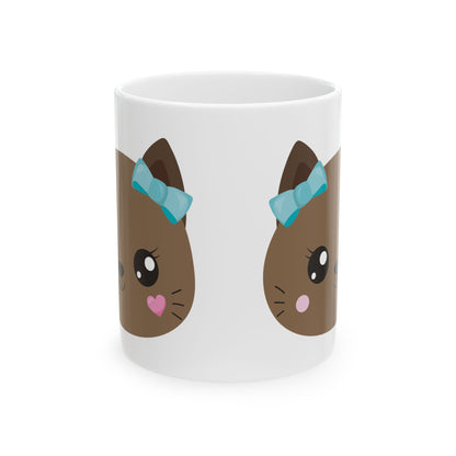 Cute Brown Cat Face Mug with Blue Bow – Kawaii Kitten Ceramic Coffee Cup 11oz    Item #616709