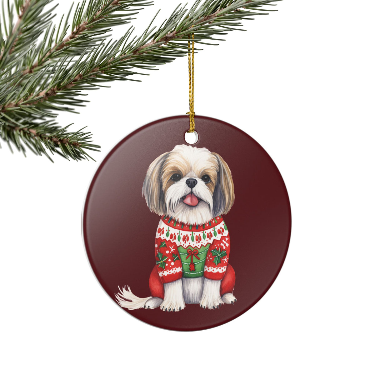 Christmas Shih Tzu Dog in Festive Sweater Ceramic Ornament   Item #783447