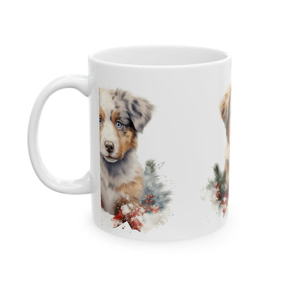 Holiday Aussie Shepherd Puppy Mug — Cute Christmas Dog Ceramic Coffee Cup 11oz  Item #160359