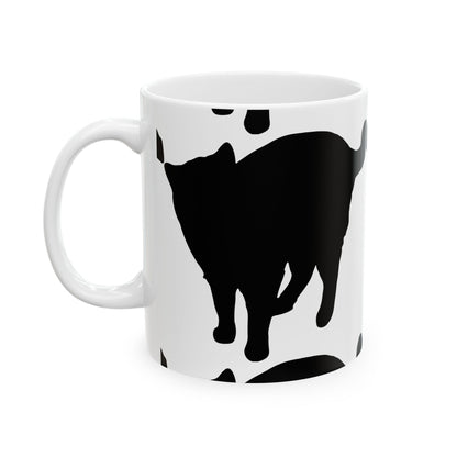 Cat Print Ceramic Mug – Black & White Farmhouse Coffee Cup 11oz    Item #506222