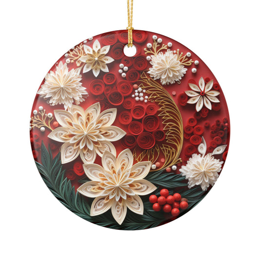 Floral Ceramic Ornament – Red Botanical Holiday Tree Decoration   Item #624588