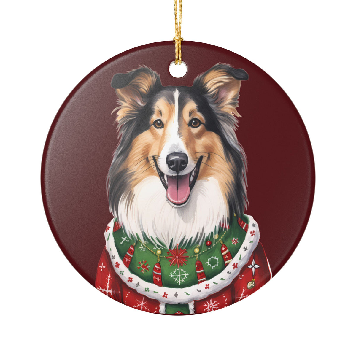 Christmas Collie Dog In Sweater Ceramic Ornament   Item #620825