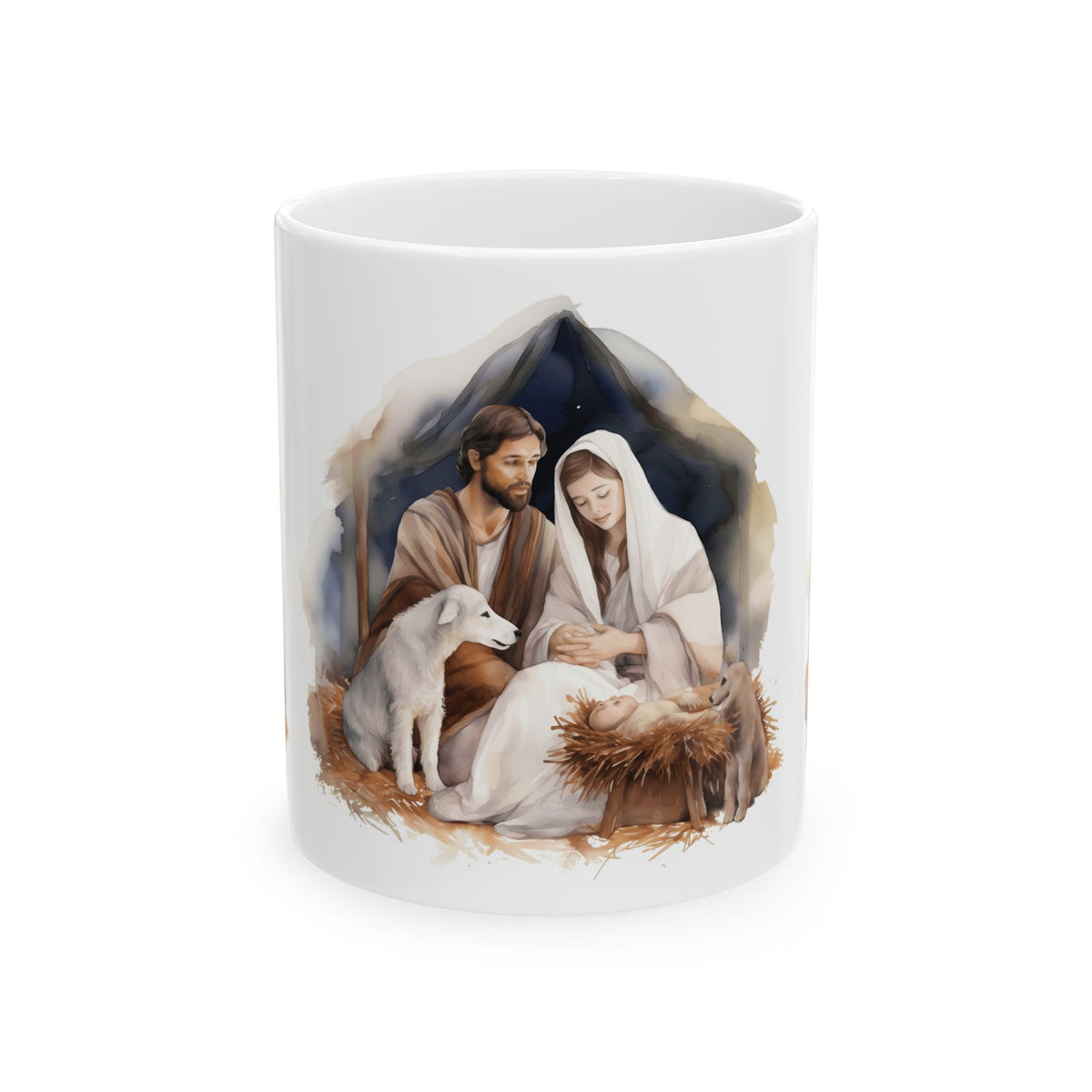 Nativity Scene Ceramic Mug — Mary, Joseph & Baby Jesus Christmas Coffee Cup 11oz  Item #683404