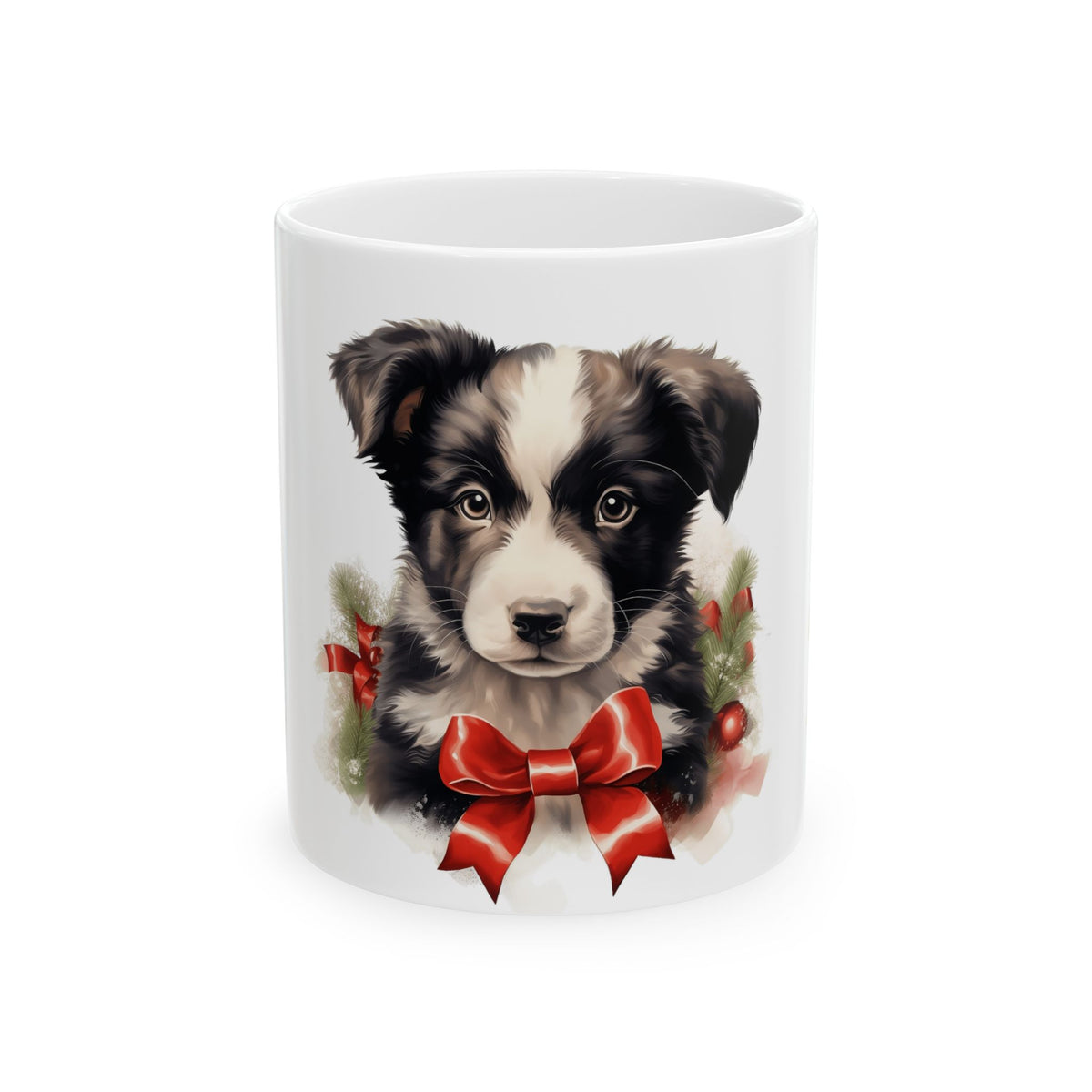 Holiday Puppy Ceramic Mug — Cute Border Collie with Red Bow 11oz  Item #598418