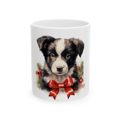 Holiday Puppy Ceramic Mug — Cute Border Collie with Red Bow 11oz  Item #598418