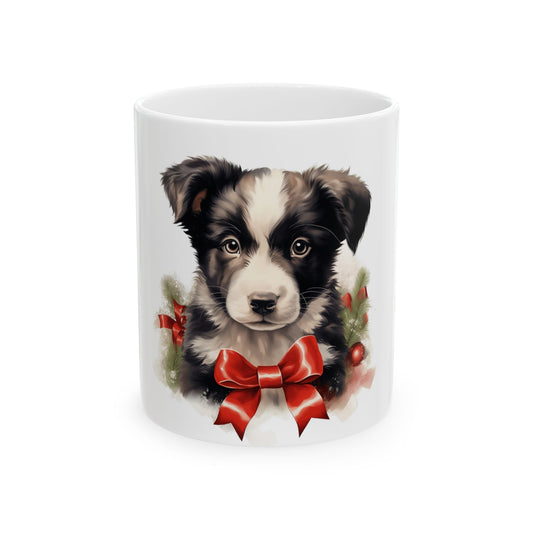 Holiday Puppy Ceramic Mug — Cute Border Collie with Red Bow 11oz  Item #598418
