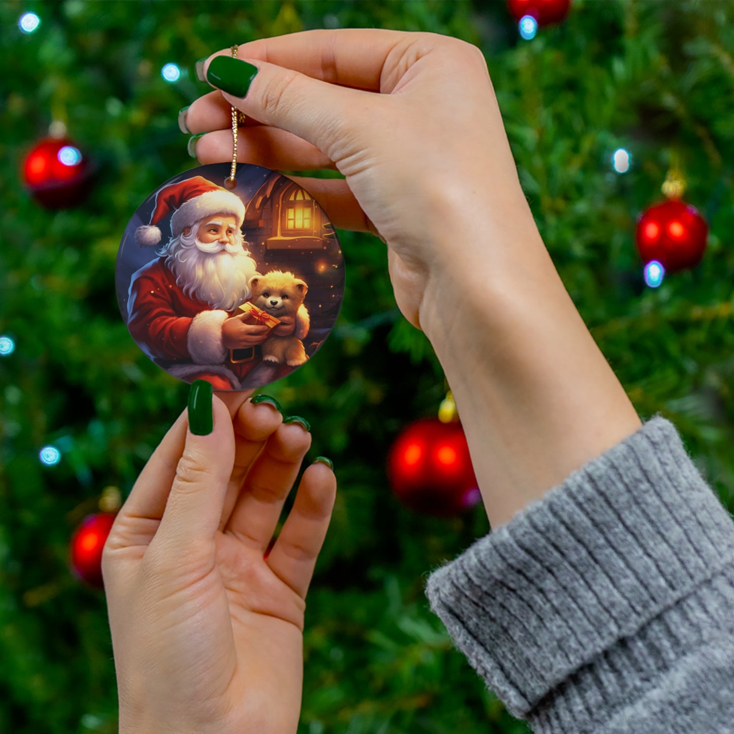 Santa With Bear Ceramic Disc Ornament       Item #1646064