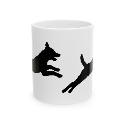 Dog Silhouette Ceramic Mug — Playful Leaping Dogs Coffee Cup 11oz   Item #28577