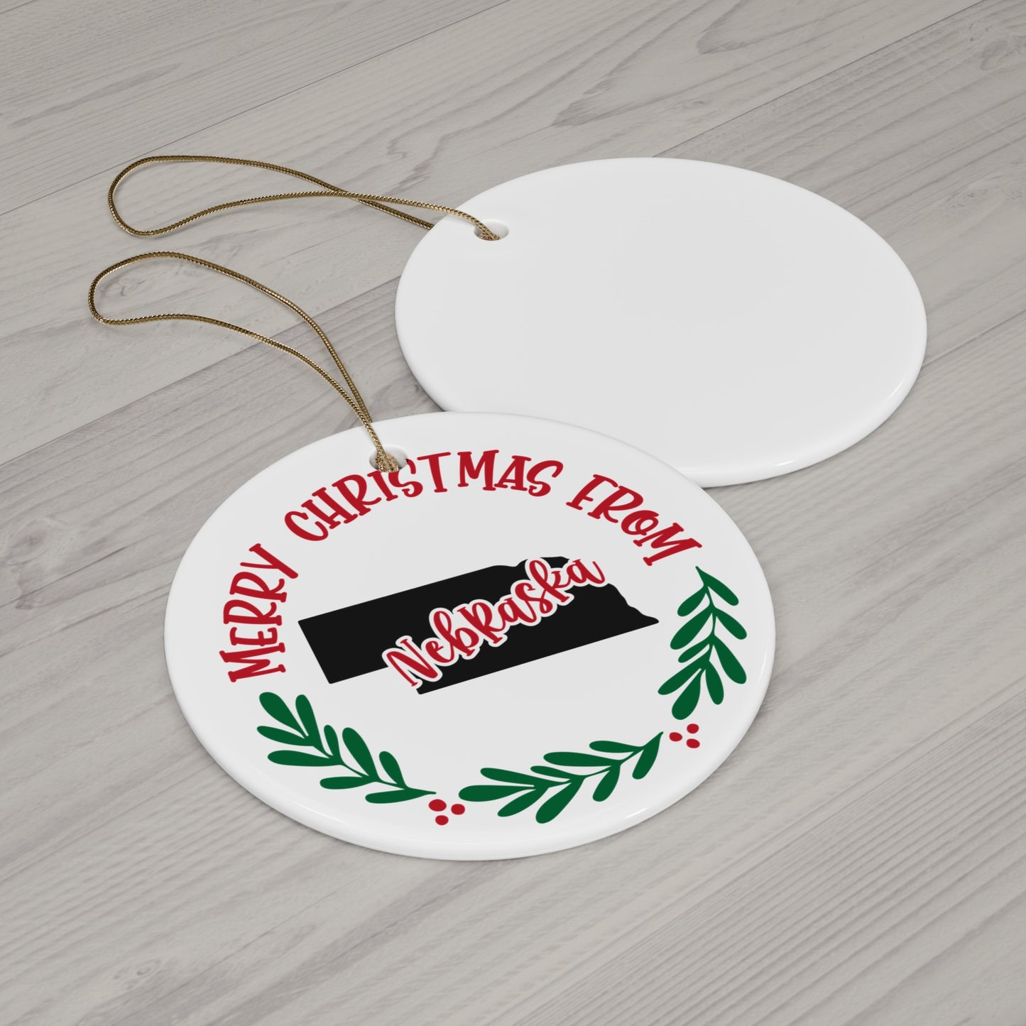 Merry Christmas From Nebraska Ceramic Disc Ornament       Item #7863797