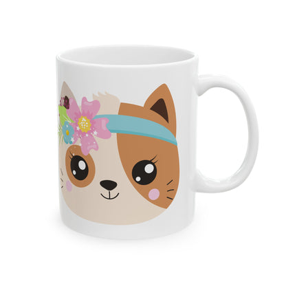Cute Cat Faces Ceramic Mug — Floral & Headband Kitty Coffee Cup 11oz   Item #954126