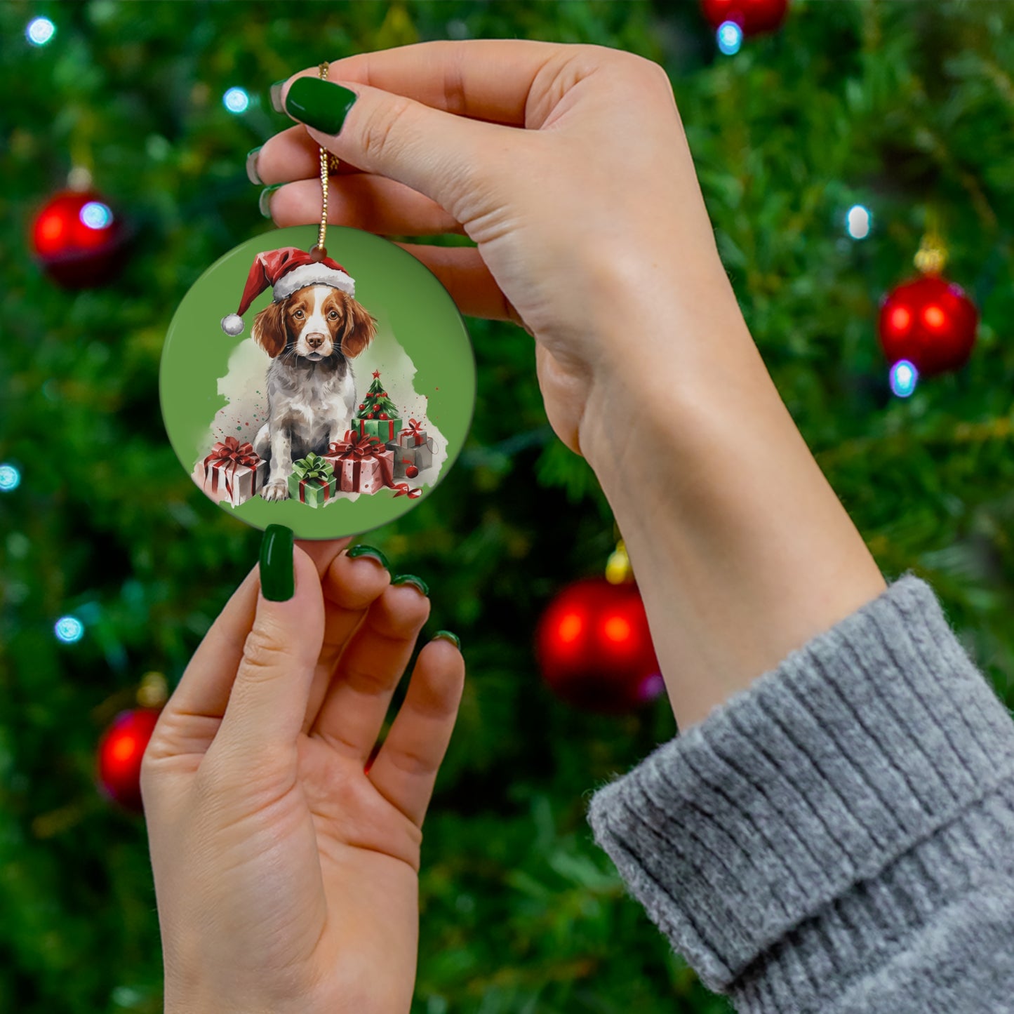 Ceramic Ornament - Christmas Brittany Spaniel Dog      Item #5713043