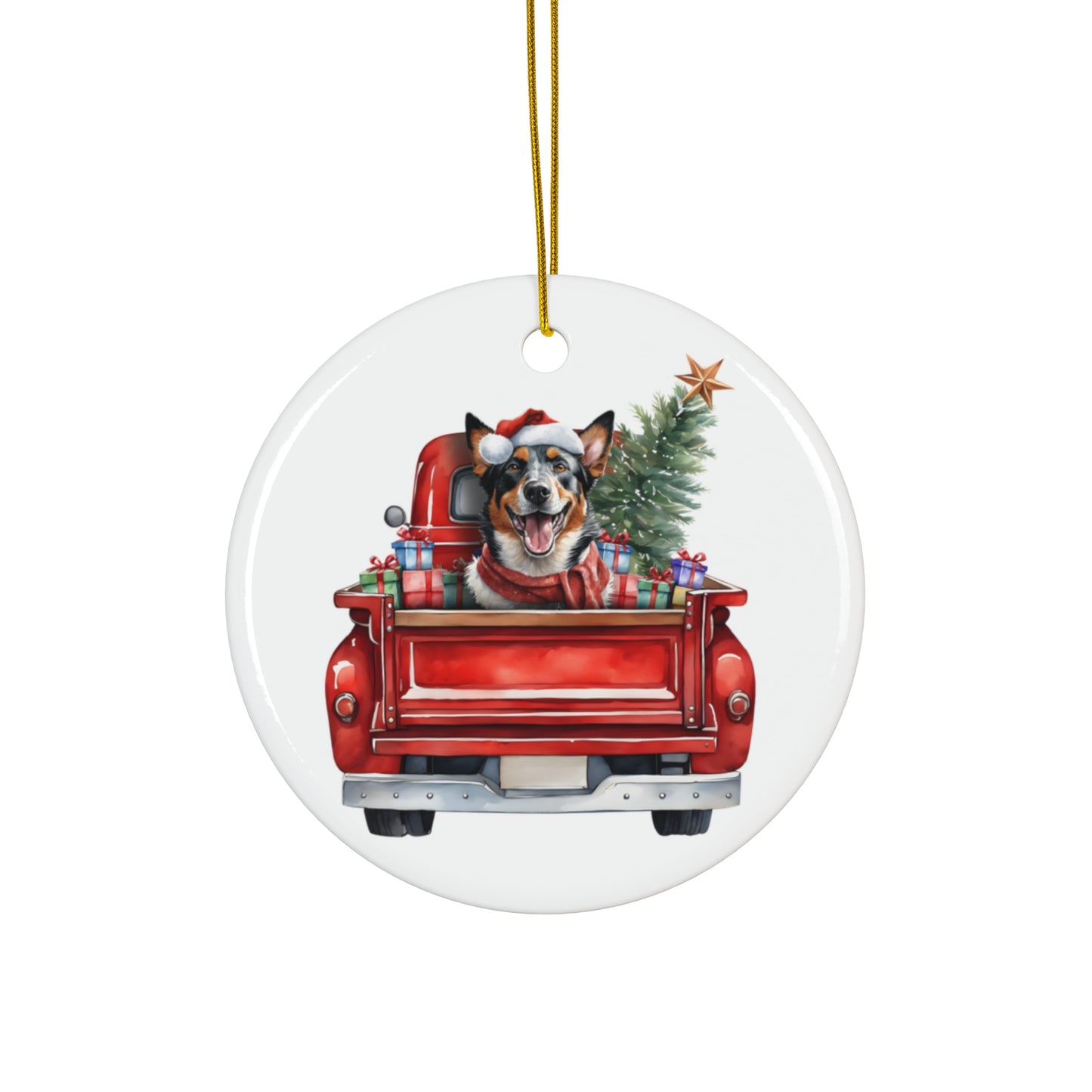 Australian Cattle Dog Christmas Dog In Red Truck Ceramic Disc Ornament        Item #9720929