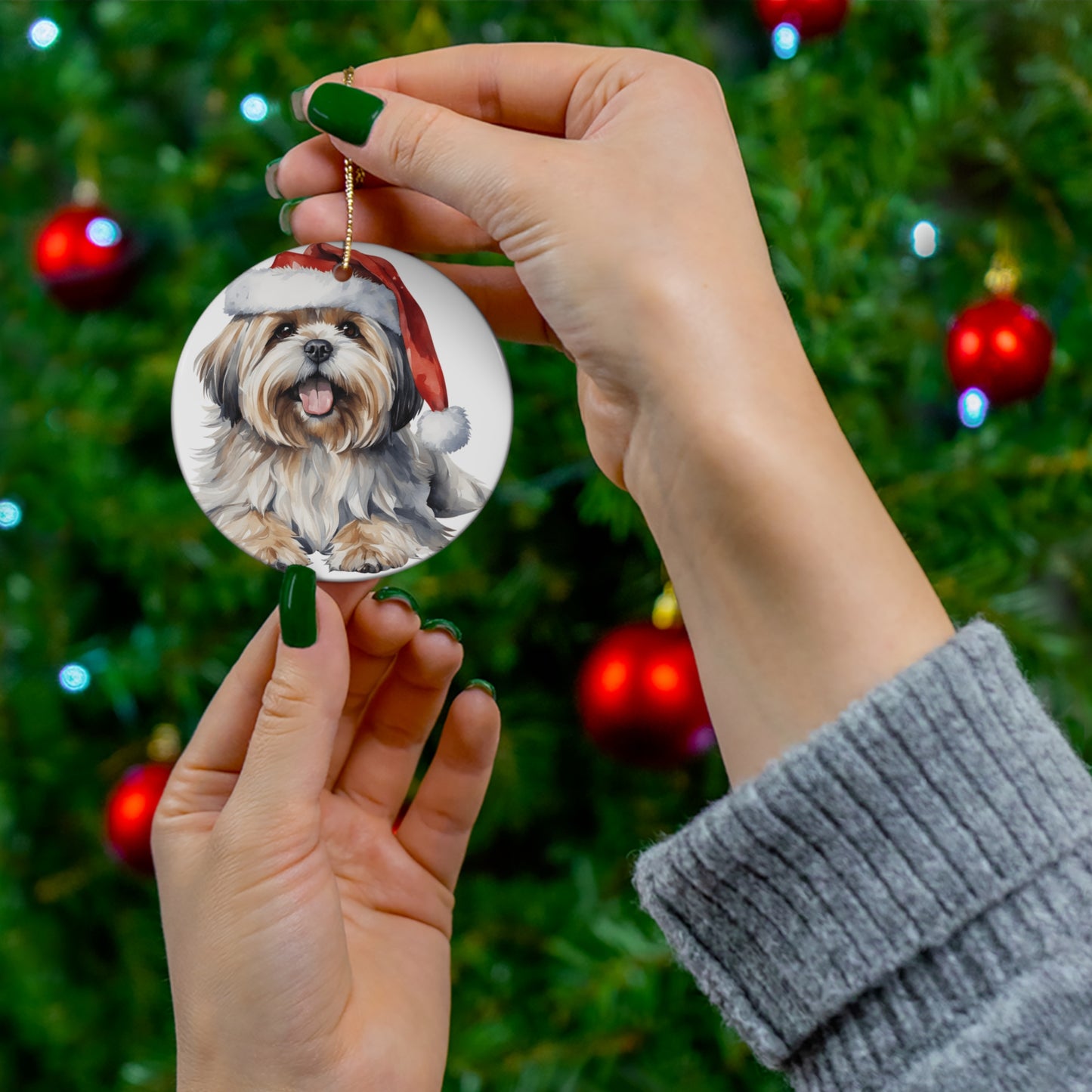 Ceramic Ornament - Lhasa Apso Dog With Santa Hat      Item #734546