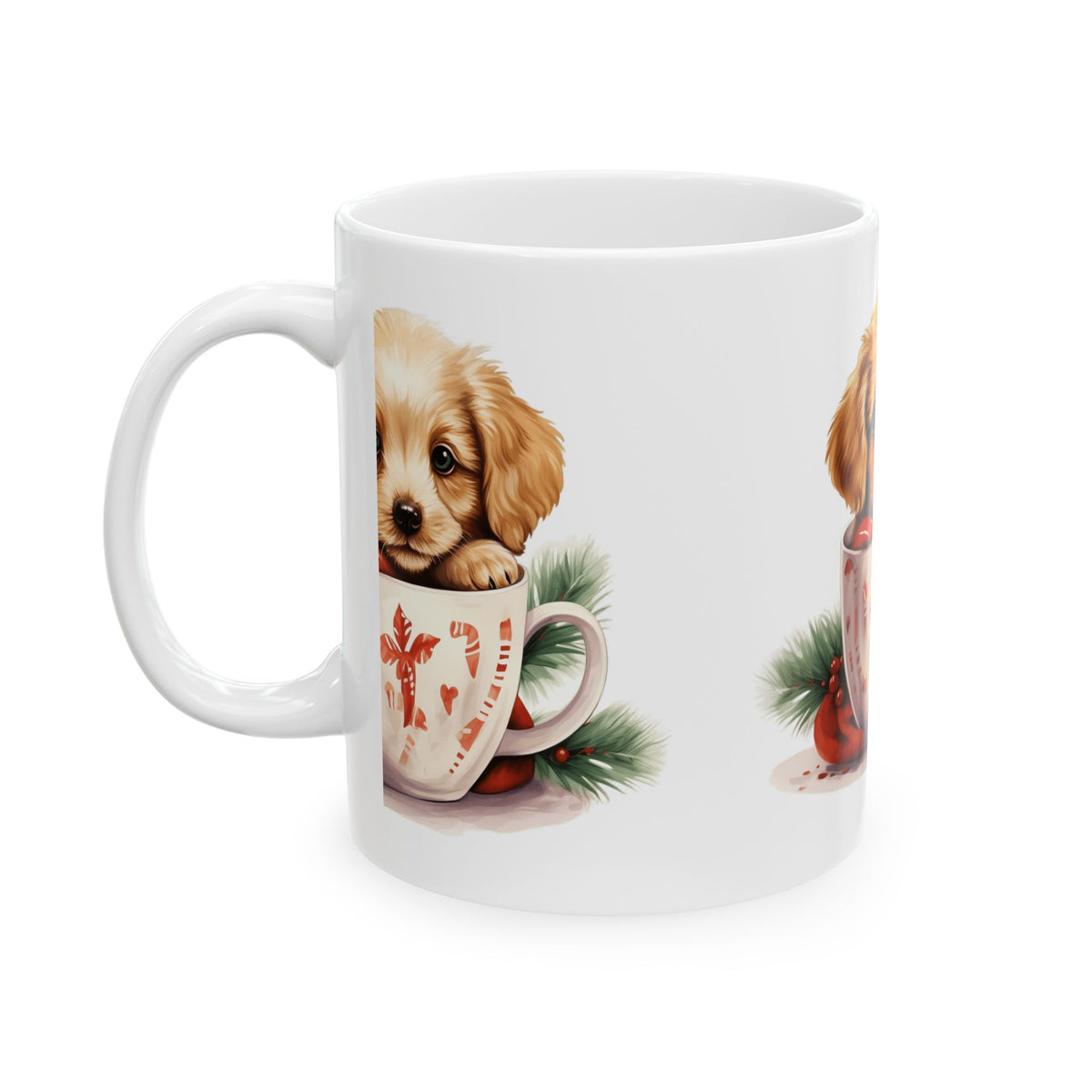Cute Puppy in Holiday Teacup Mug — Christmas Puppy Ceramic Coffee Cup 11oz  Item #70807