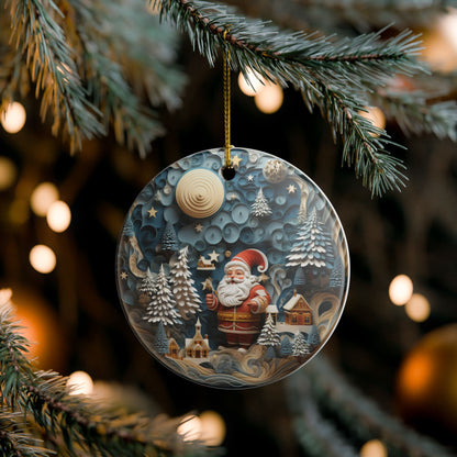 Ceramic Christmas Ornament with Santa, Winter Village & Snowy Forest Design   Item #478394