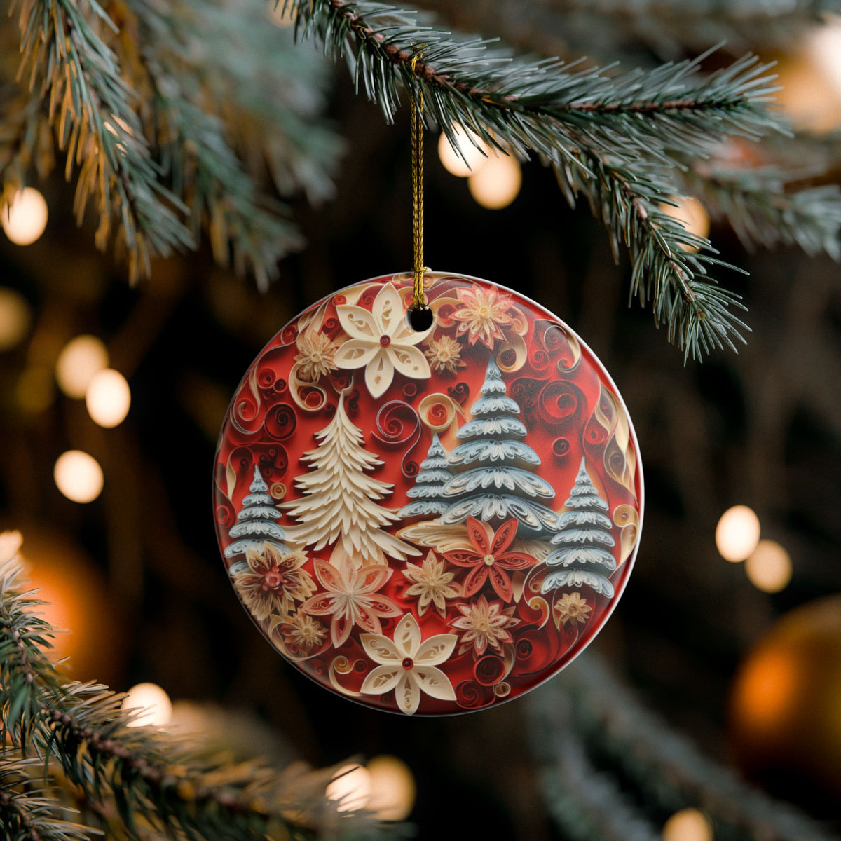Christmas Ceramic Ornament with Festive Trees and Poinsettias   Item #232561