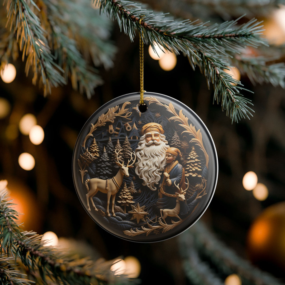 Santa and Reindeer Christmas Ceramic Ornament    Item #144315