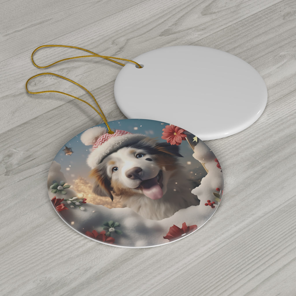 3D Dog With Santa Hat Breaking Out Ceramic Disc Ornament              Item #8813471