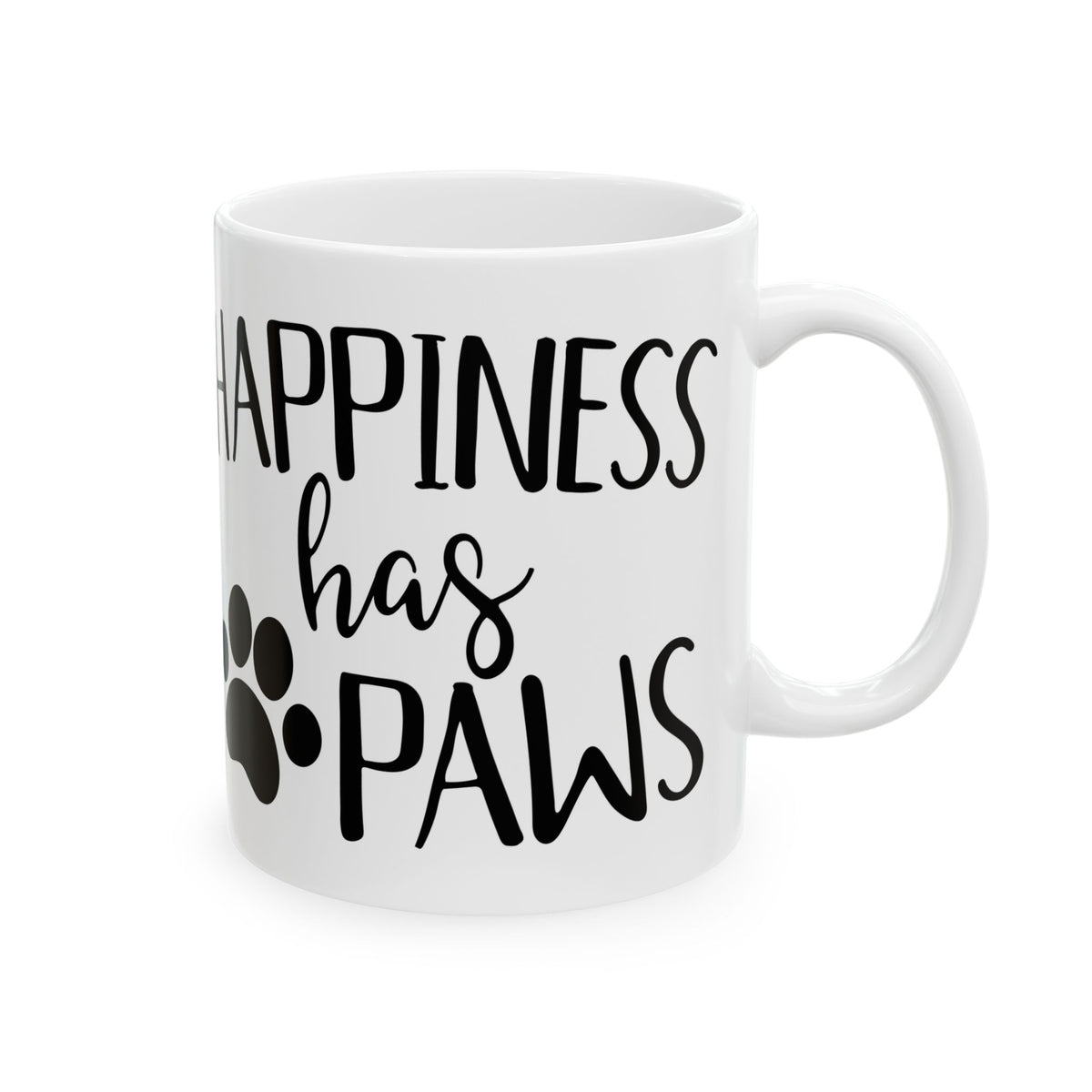 Dog Lover Ceramic Mug — “Happiness Has Paws” Paw Print Coffee Mug 11oz   Item #259295