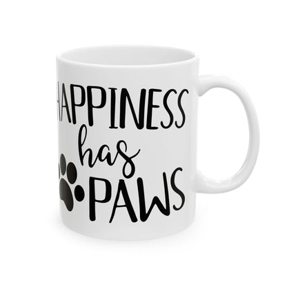 Dog Lover Ceramic Mug — “Happiness Has Paws” Paw Print Coffee Mug 11oz   Item #259295