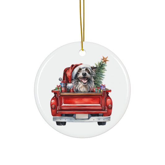 Chinese Crested Christmas Dog In Red Truck Ceramic Disc Ornament         Item #72558