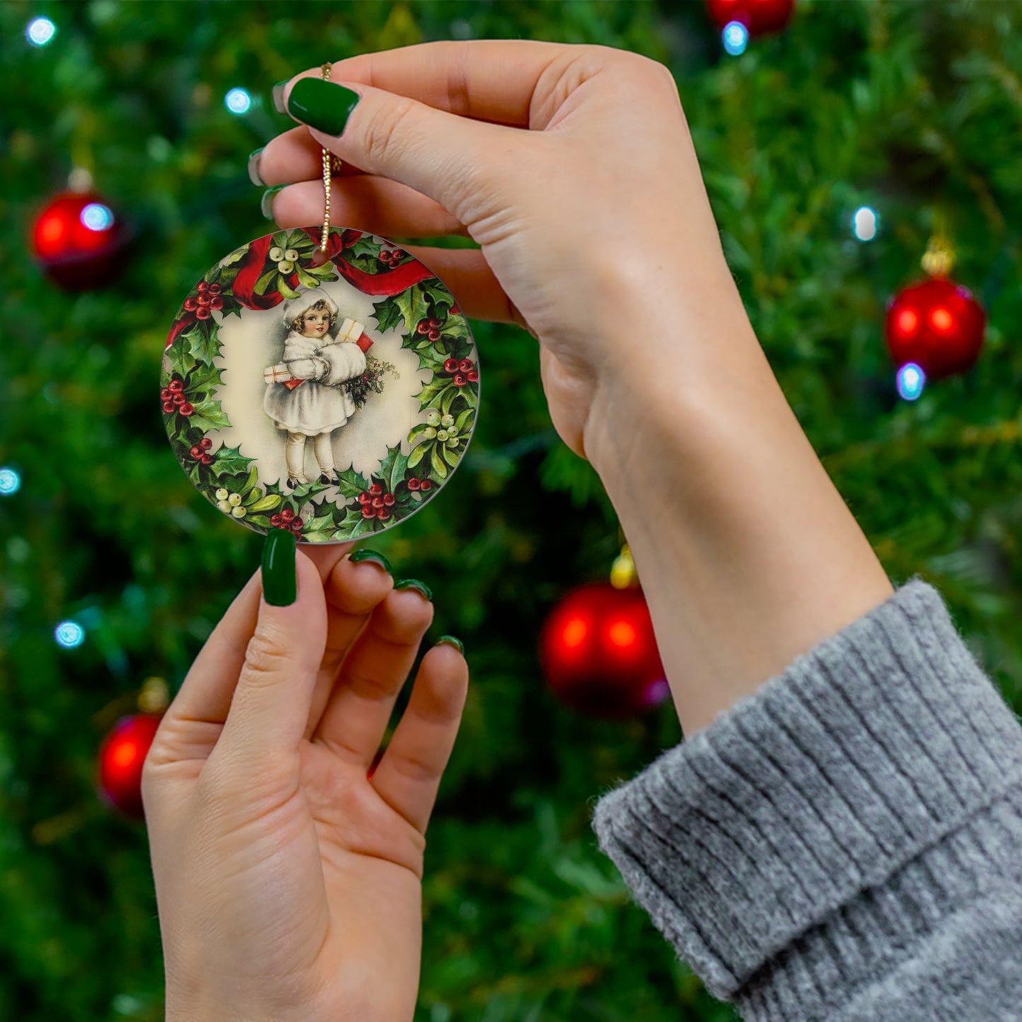 Wreath Girl Ceramic Disc Ornament       Item #503385