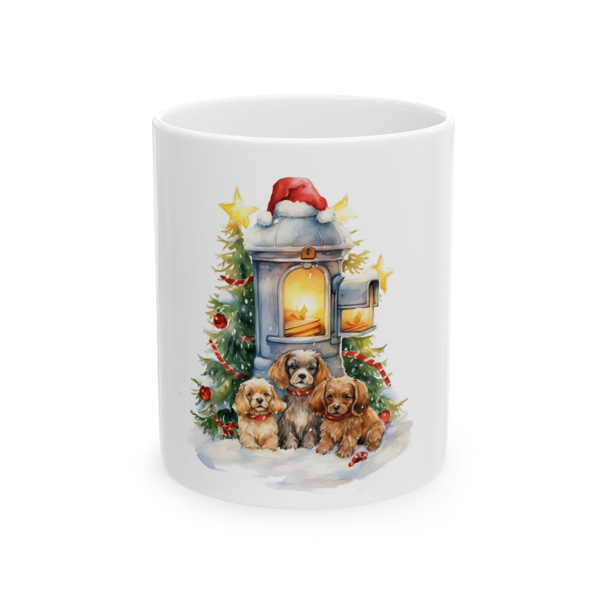 Christmas Puppy Mug — Cozy Stove, Tree & Santa Hat 11oz  Item #660451
