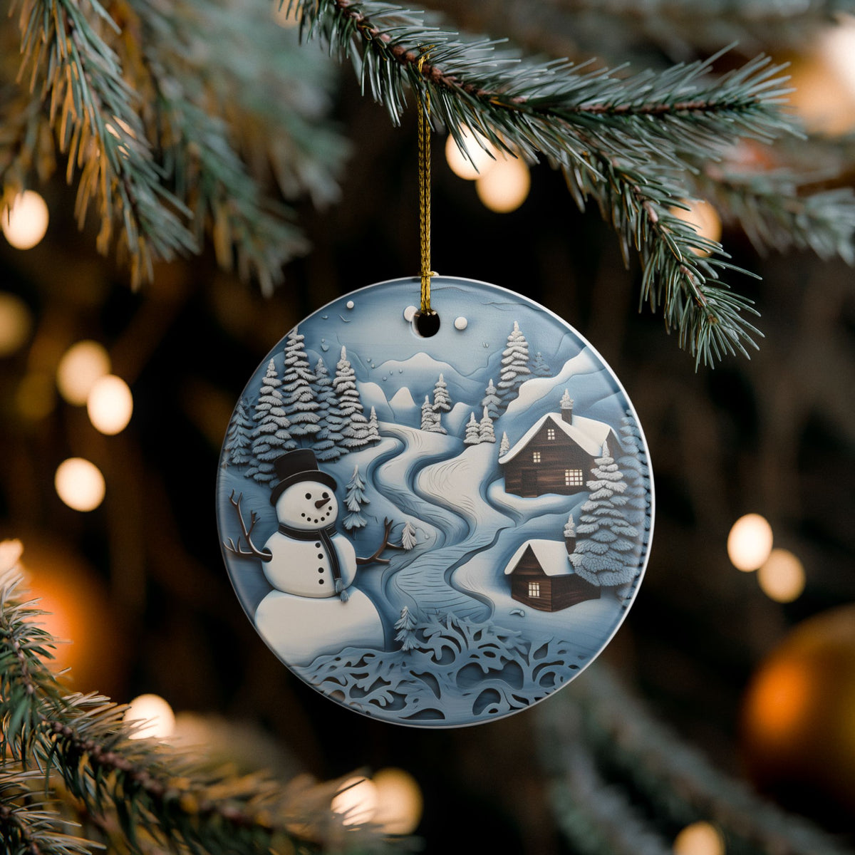 Ceramic Christmas Ornament – Snowy Winter Wonderland with Snowman and Cabins    Item #849978