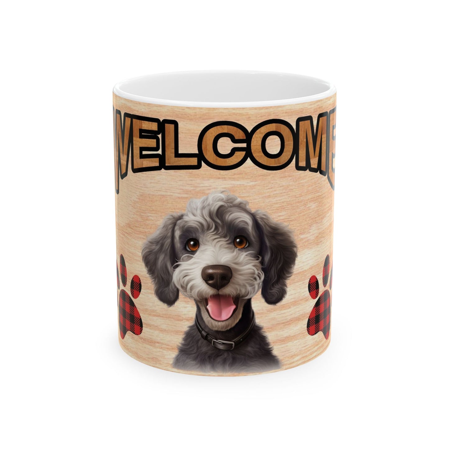 Welcome Home Dog Mug - Cute Puppy Coffee Cup with Buffalo Plaid Paw Prints 11oz   Item #618259