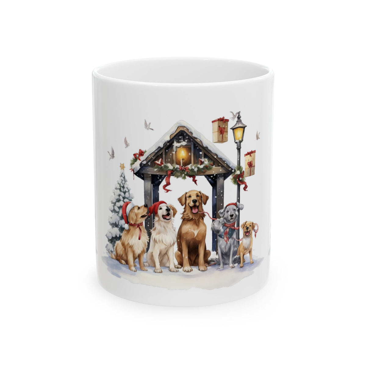 Christmas Dogs Ceramic Mug — Festive Golden Retrievers by Lantern 11oz   Item #955473