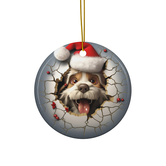 3D Dog With Santa Hat Breaking Out Ceramic Disc Ornament          Item #8817859