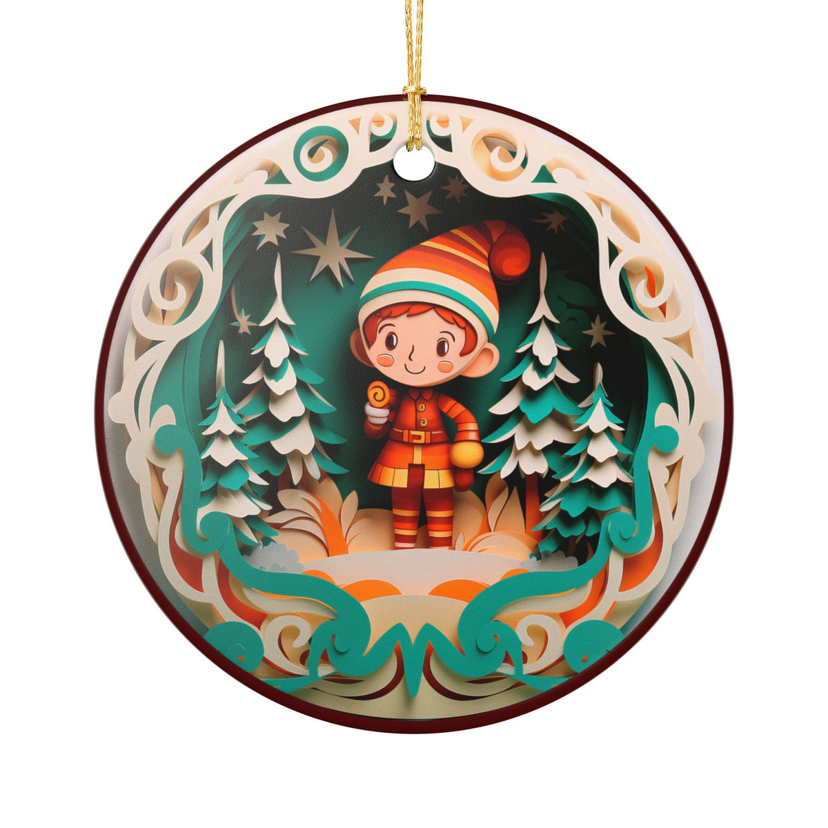 Ceramic Ornament – Whimsical Christmas Elf in Winter Wonderland   Item #117601