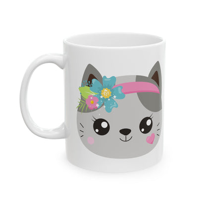 Cute Cat Face Mug with Floral & Headband Designs — Ceramic Coffee Tea Cup 11oz   Item #297585