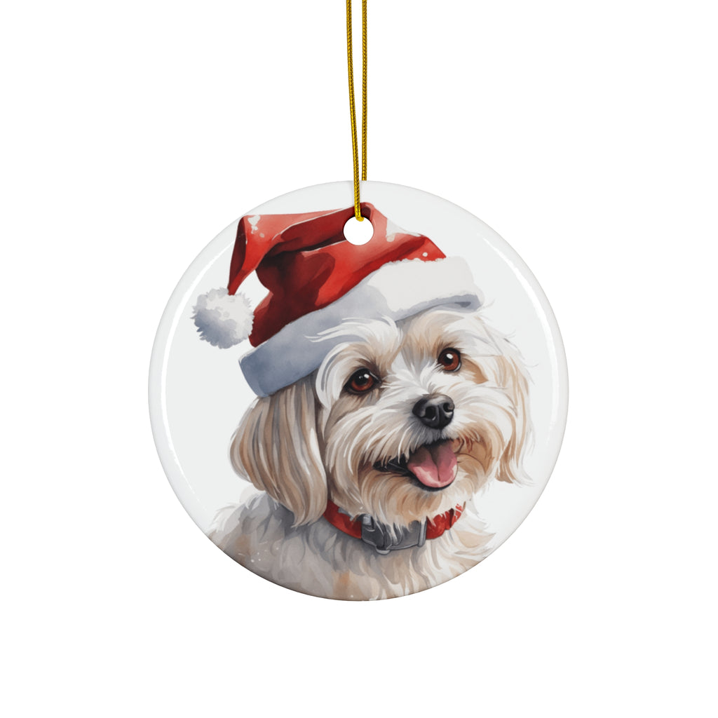 Maltese Dog With Santa Hat Ceramic Disc Ornament      Item #3789225