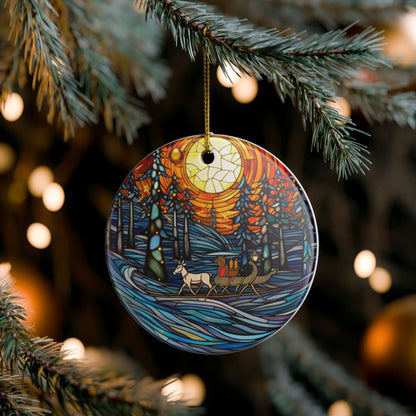 Ceramic Christmas Ornament – Stained Glass Winter Sleigh Ride Design   Item #301101