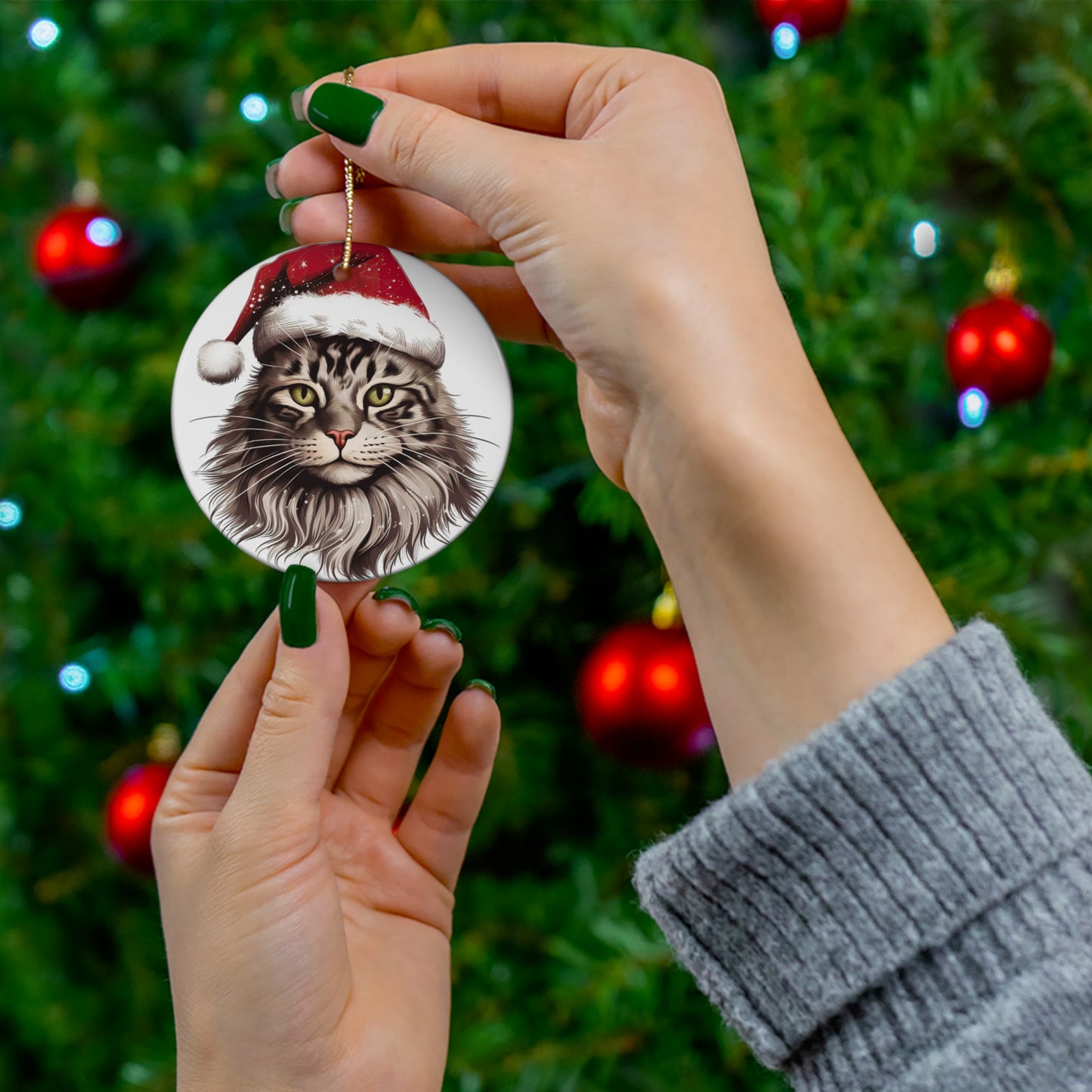 Maine Coon Cat With Santa Hat Ceramic Ornament      Item #82703